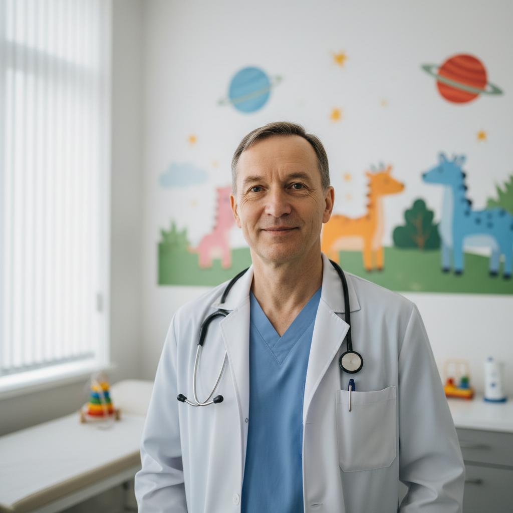 Male pediatrician in white coat looking approachable