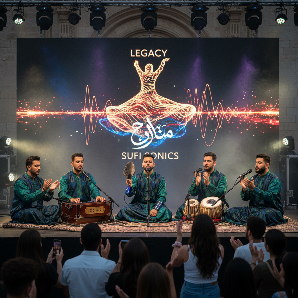 Sufi music collective performing traditional folk music with instruments