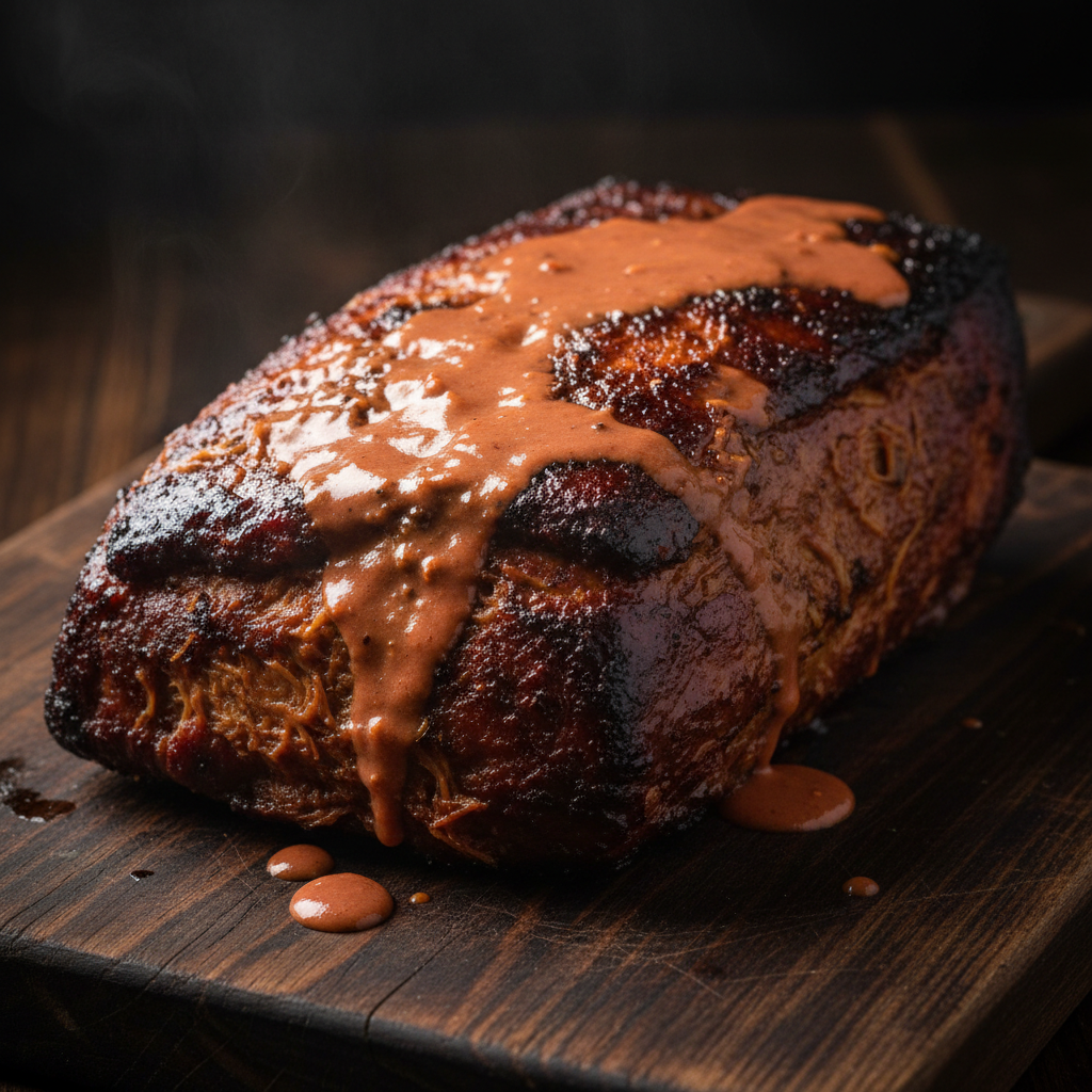 Sprout smoked jackfruit brisket on a dark wooden board with charred edges and deep terracotta glaze