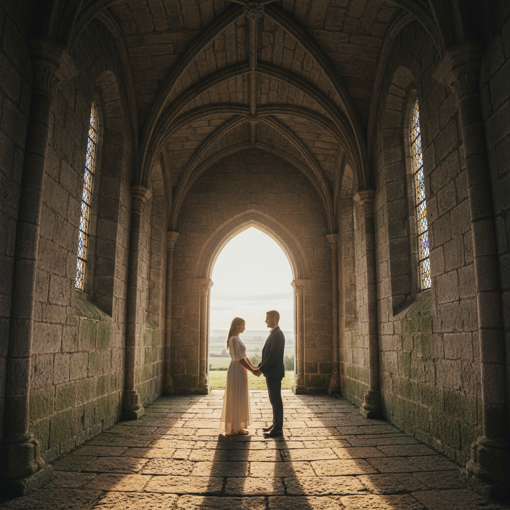 Couple standing in morning light inside the stone chapel, looking toward the arch