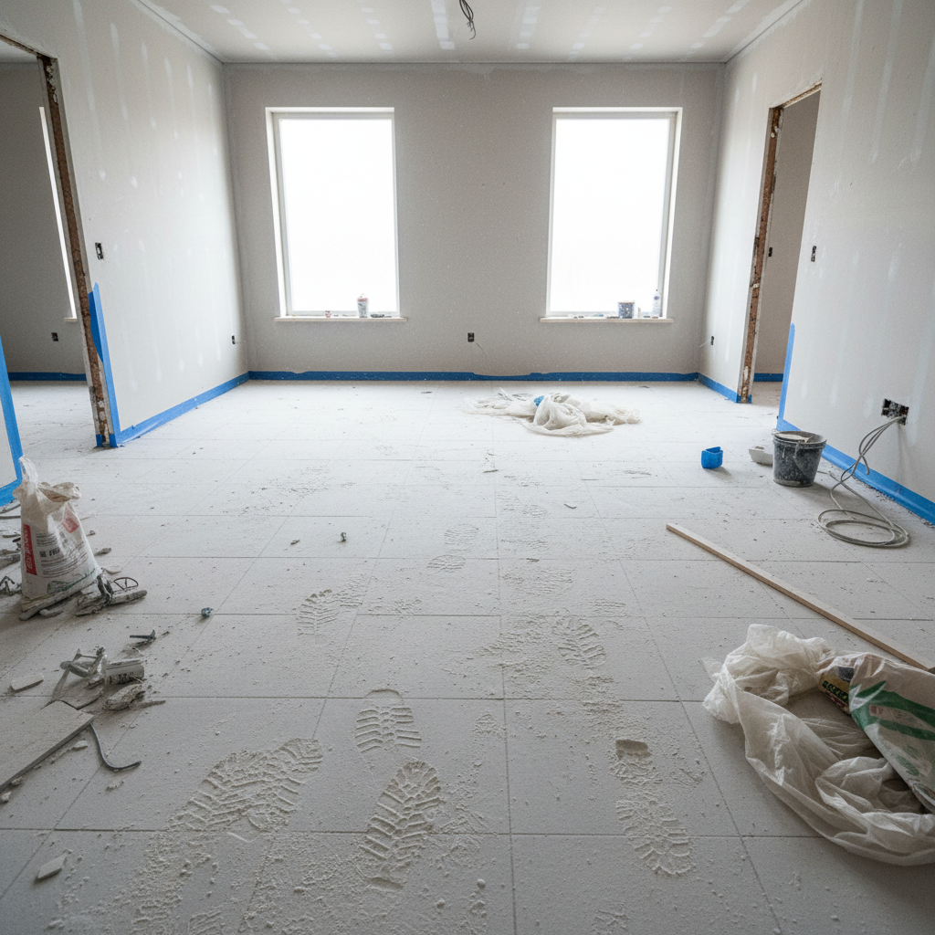 Construction site interior covered in dust, debris, and building materials before post-construction cleaning