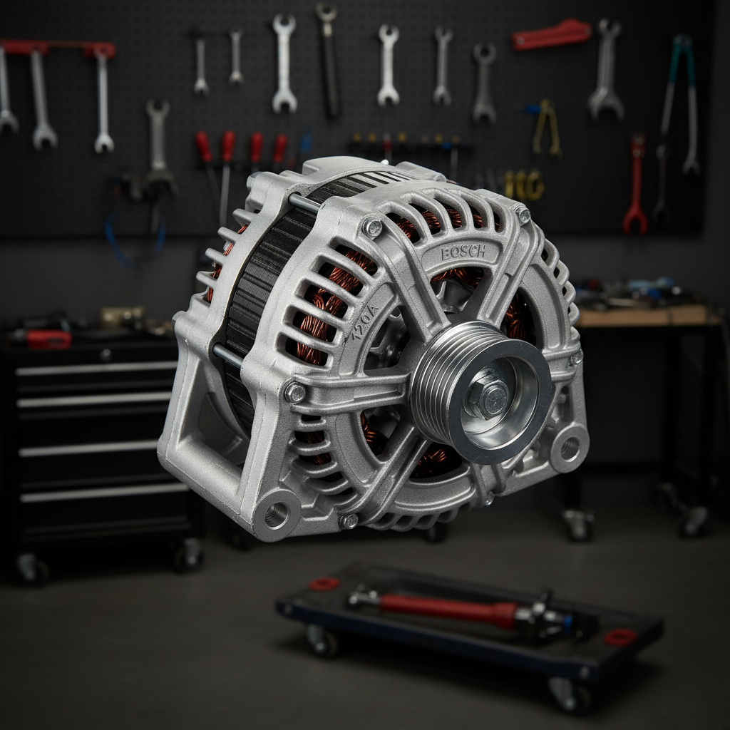 Bosch alternator unit on a clean workshop bench, bright lighting, white background