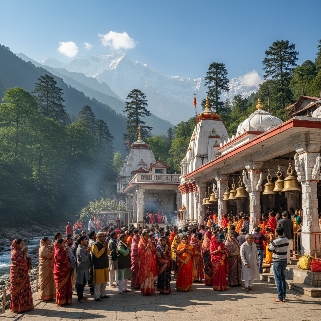Sacred Kainchi Hanuman Mandir temple with devotees, prayer bells, and spiritual atmosphere in Uttarakhand mountains