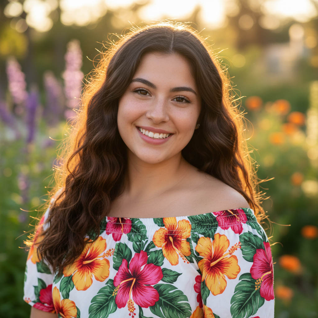 Latina woman with curly brown hair wearing yellow top in sunny outdoor setting