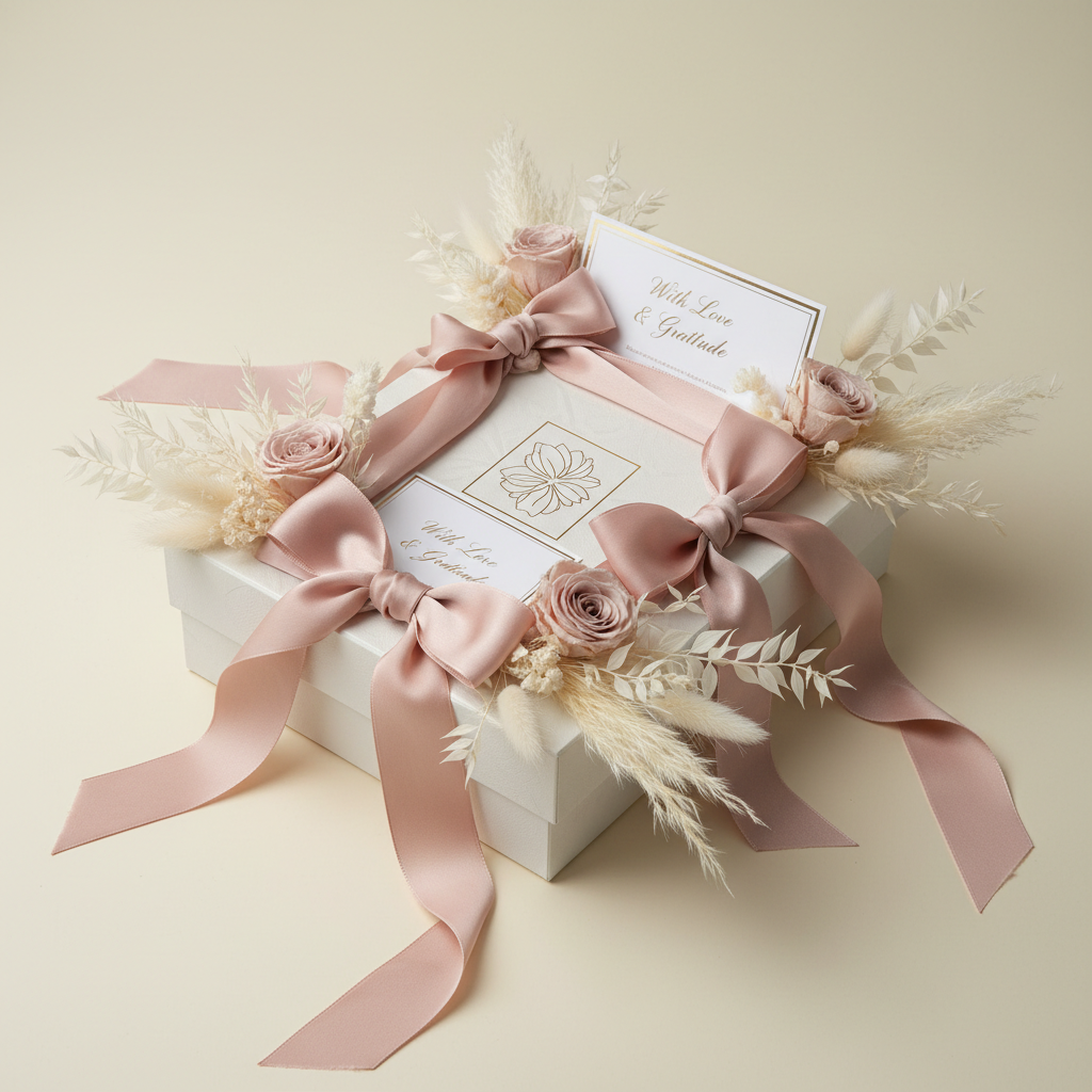 Luxury rose gift box with elegant white and pink ribbon on a bright cream background
