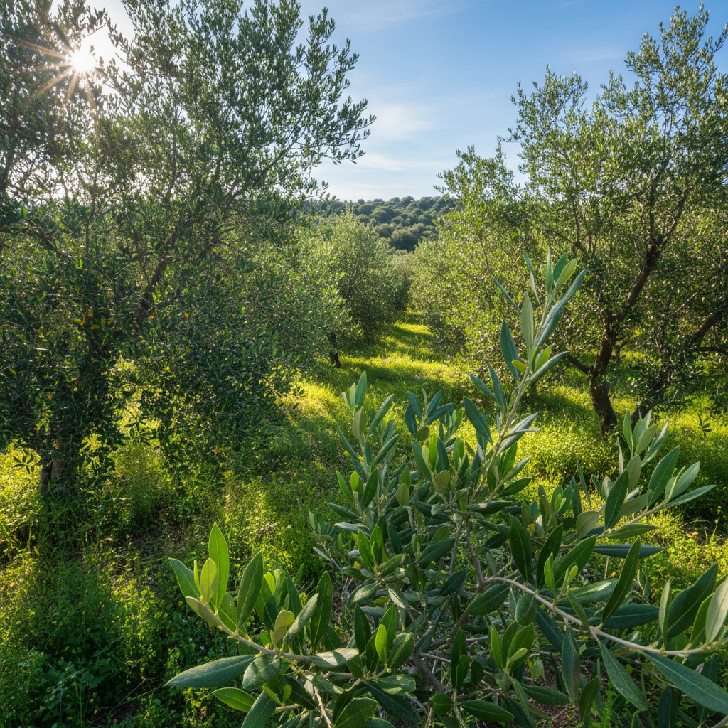Olive grove in Provence, silver-green leaves, bright Mediterranean sunshine