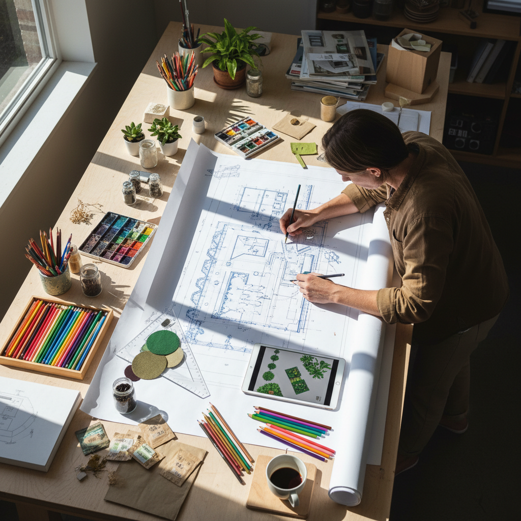 Architect's drafting table with detailed landscape plan drawings, material samples of stone and slate, and hand-sketched annotations