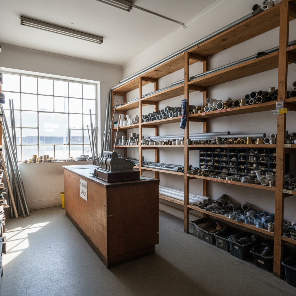Well-lit plumbing shop interior with rows of premium taps, pipes and fittings neatly displayed on shelves