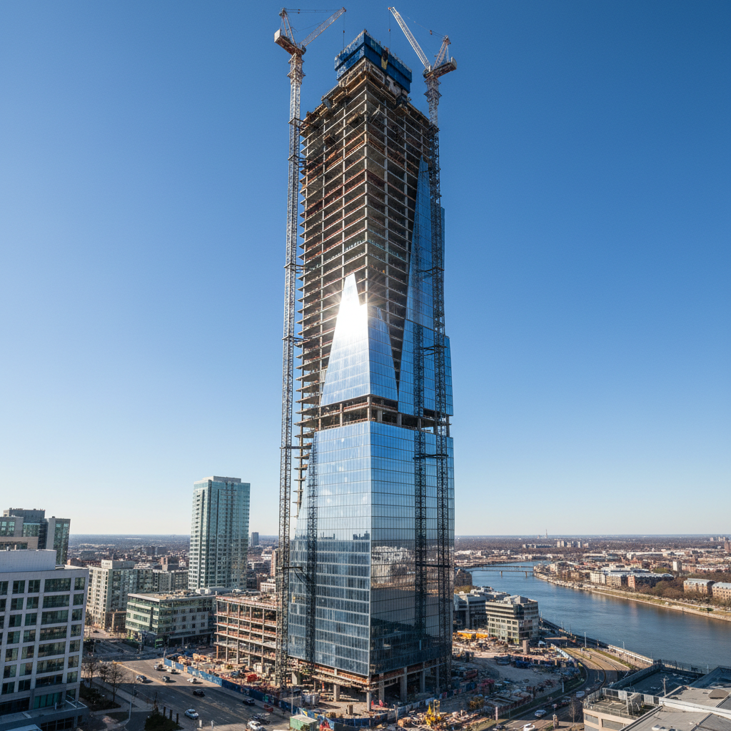 Skyline Tower structural construction — steel and glass rising against blue sky