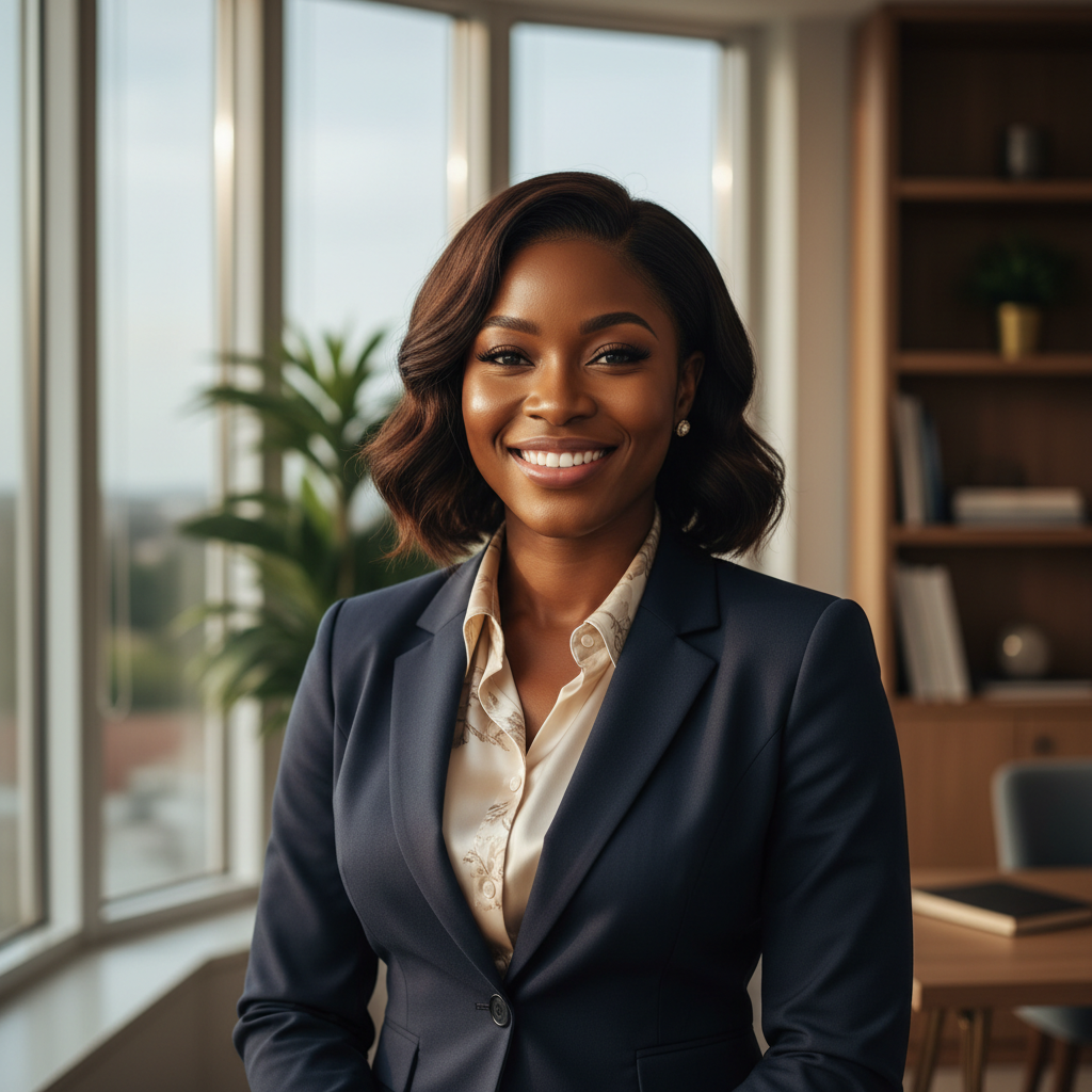 Professional Nigerian woman in elegant attire, warm confident smile, natural lighting