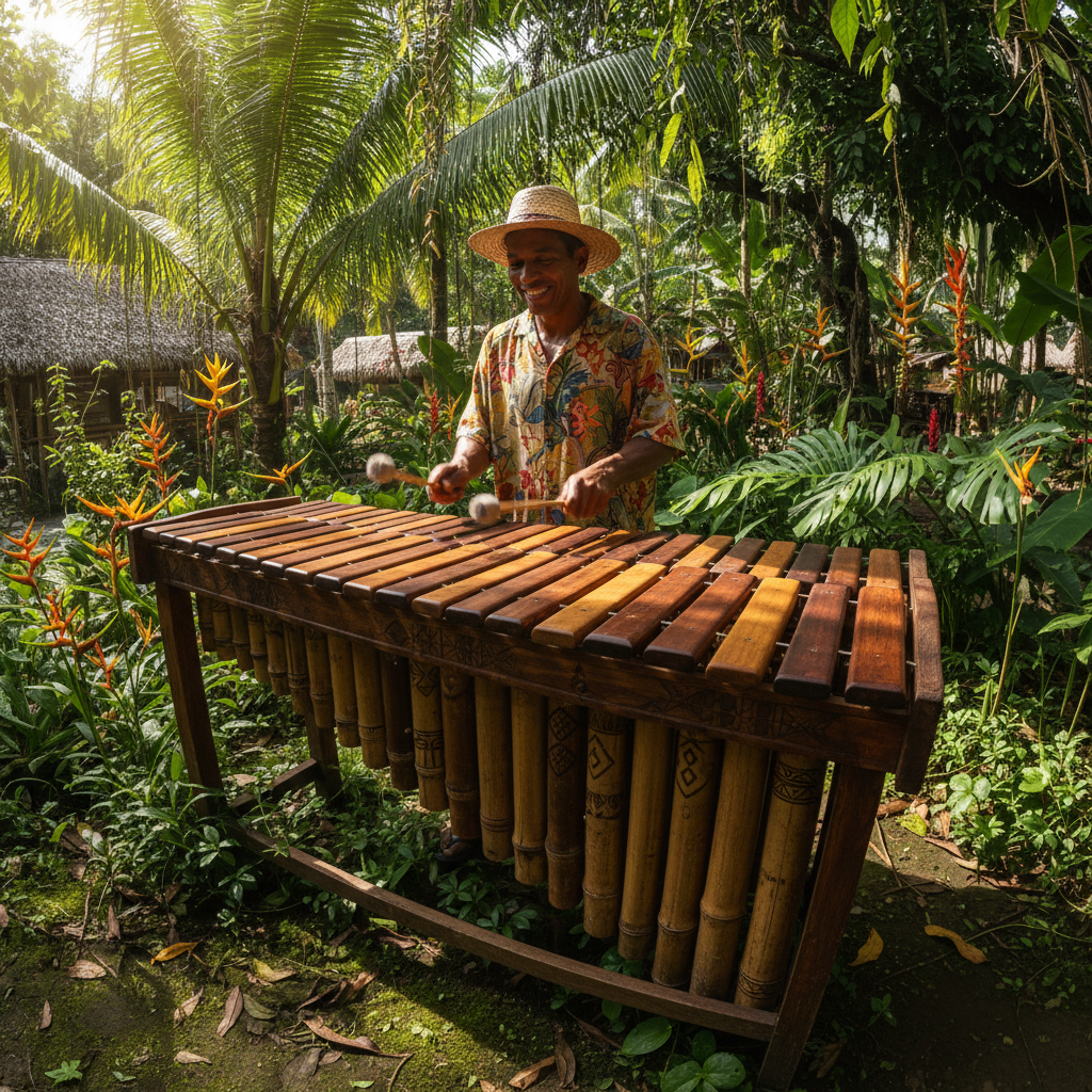 Músico tocando instrumento de marimba de madera en un exuberante entorno tropical del Pacífico colombiano