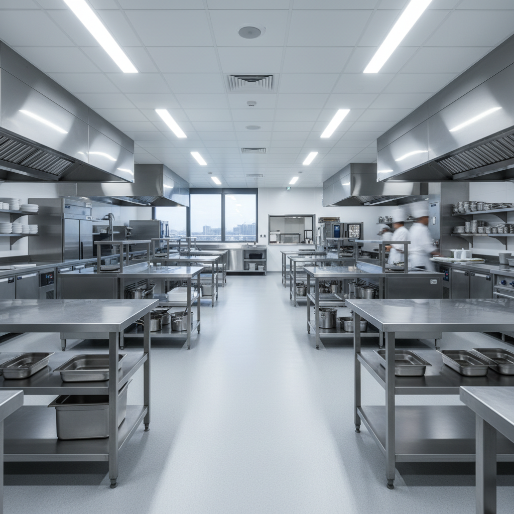 Quartz aggregate epoxy floor in a clean commercial kitchen, seamless light-colored surface with fine texture, sanitary environment