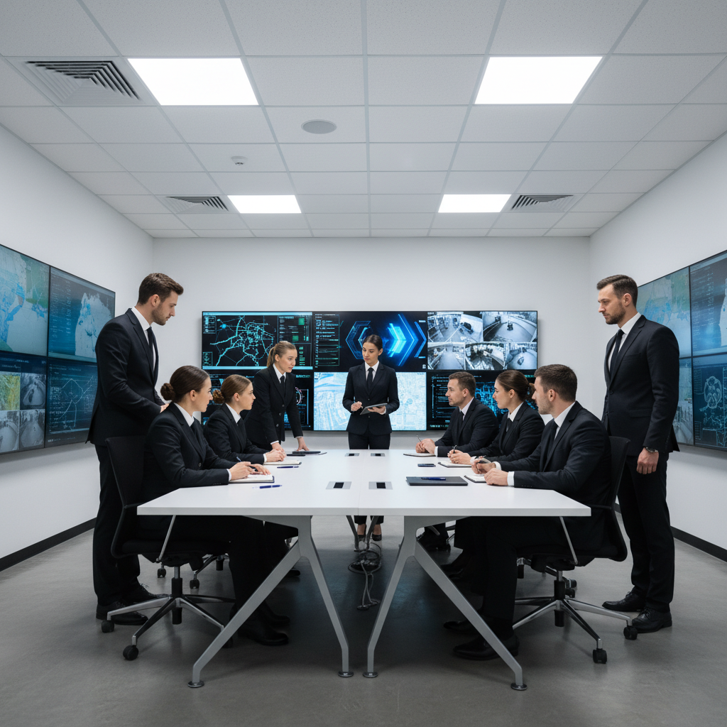 Professional security team in formal meeting room, corporate environment, dark suits, confident posture, dim atmospheric lighting