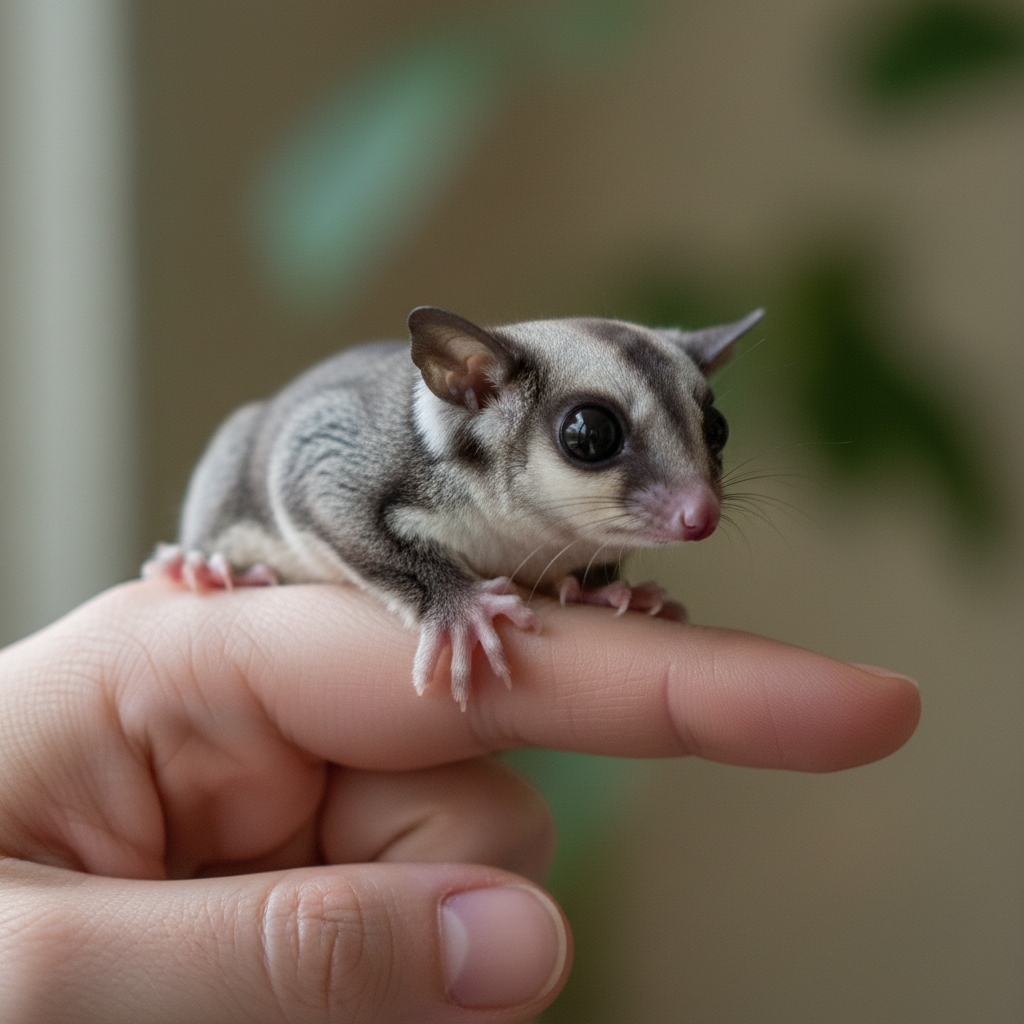Close-up of a sugar glider perched on a person's finger, alert brown eyes, soft grey fur, tiny claws gripping gently