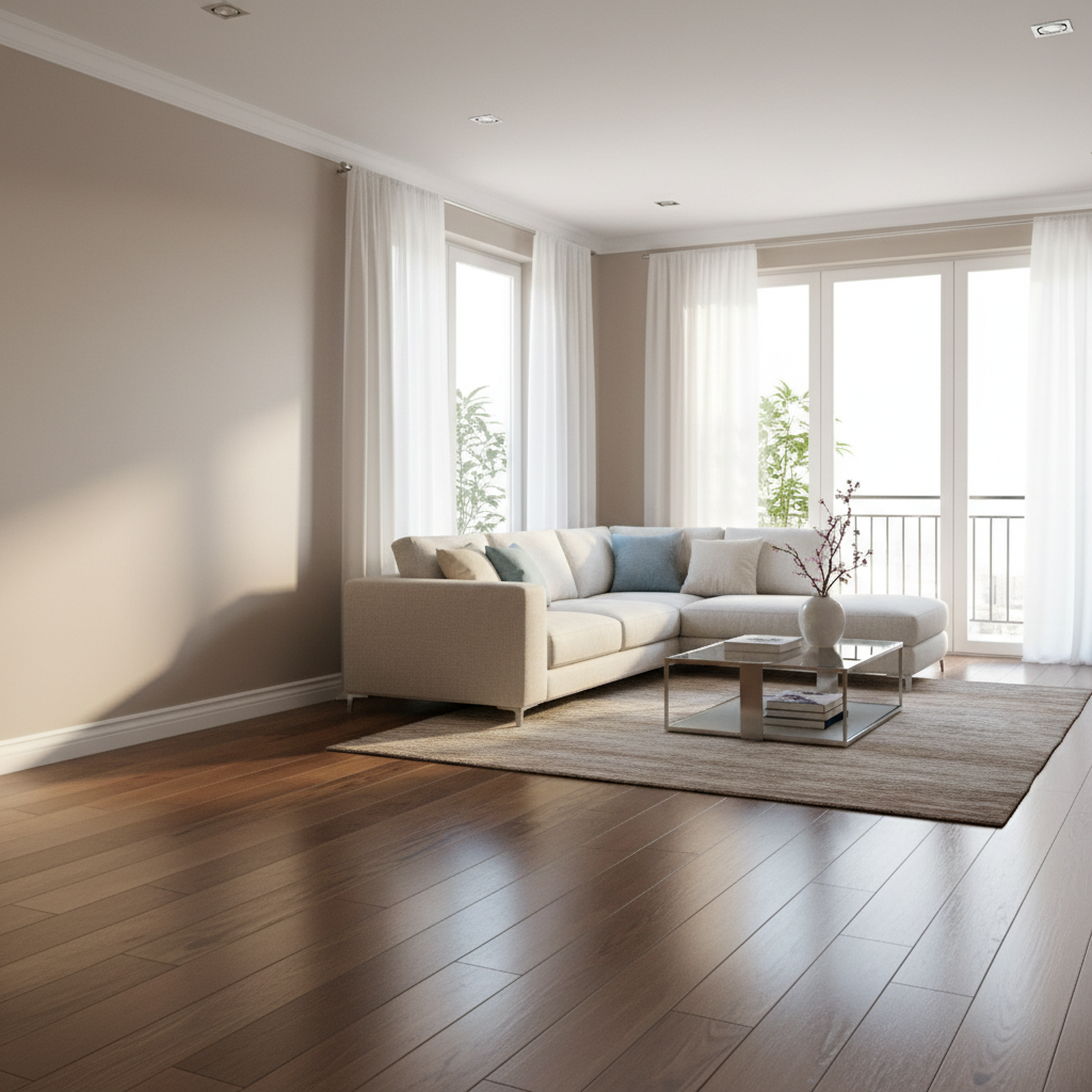 Beige mid-century modern sectional sofa in a bright living room with wood floors and natural light