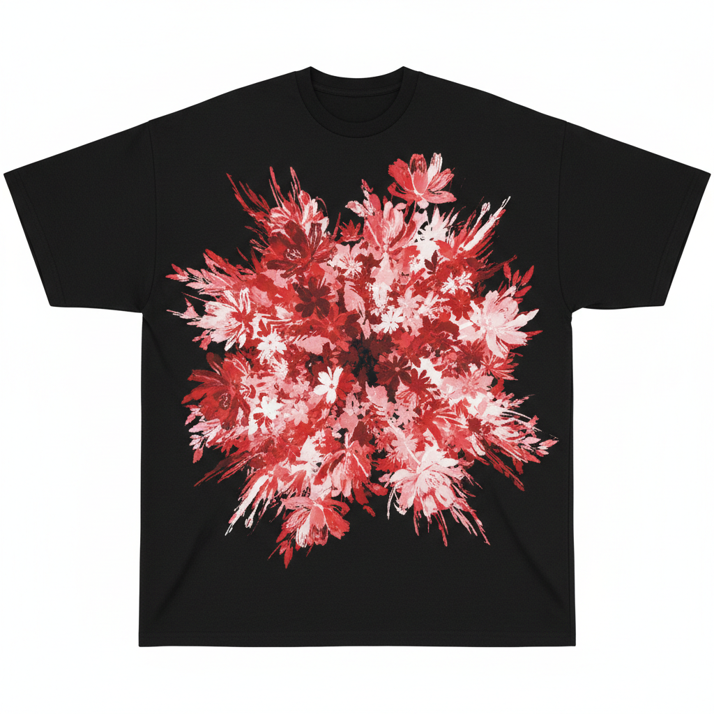 Black oversized tee with explosive floral heat-map illustration in red and white ink