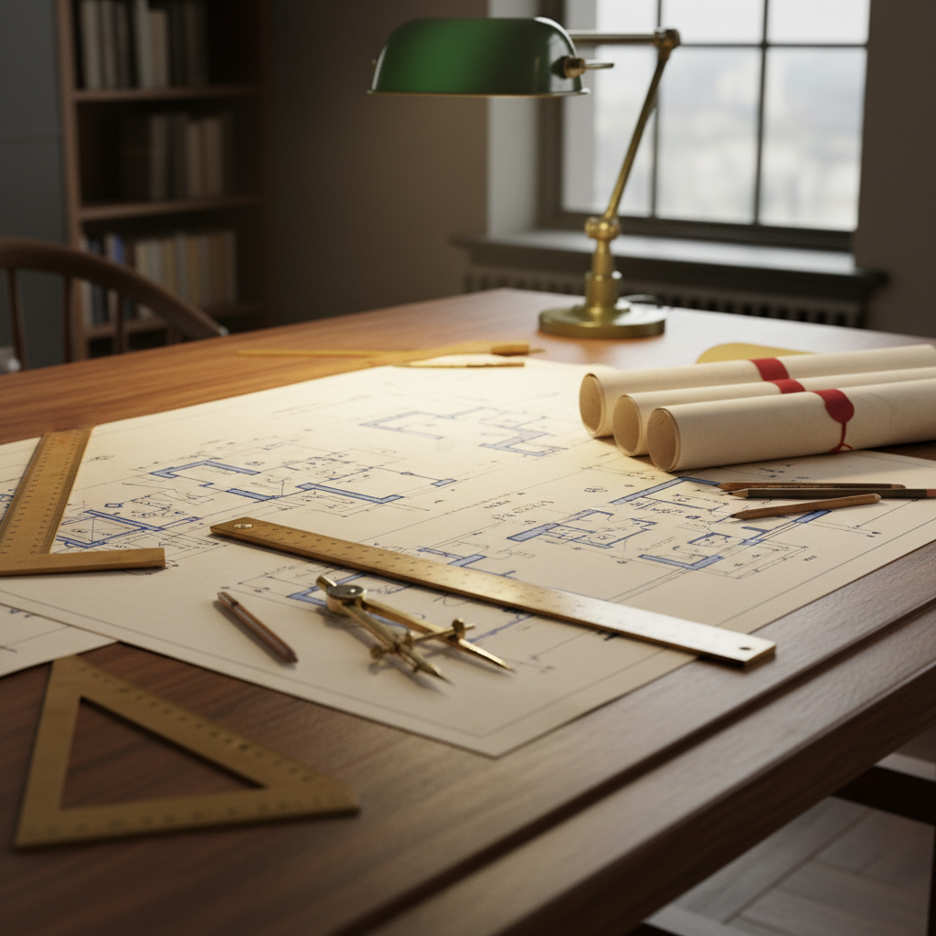 Architectural blueprints and technical drawings spread on a drafting table with precise measurement tools