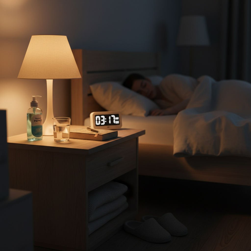 Person sleeping peacefully in warm bedroom lighting wearing a CPAP mask, dark room with soft amber bedside lamp glow