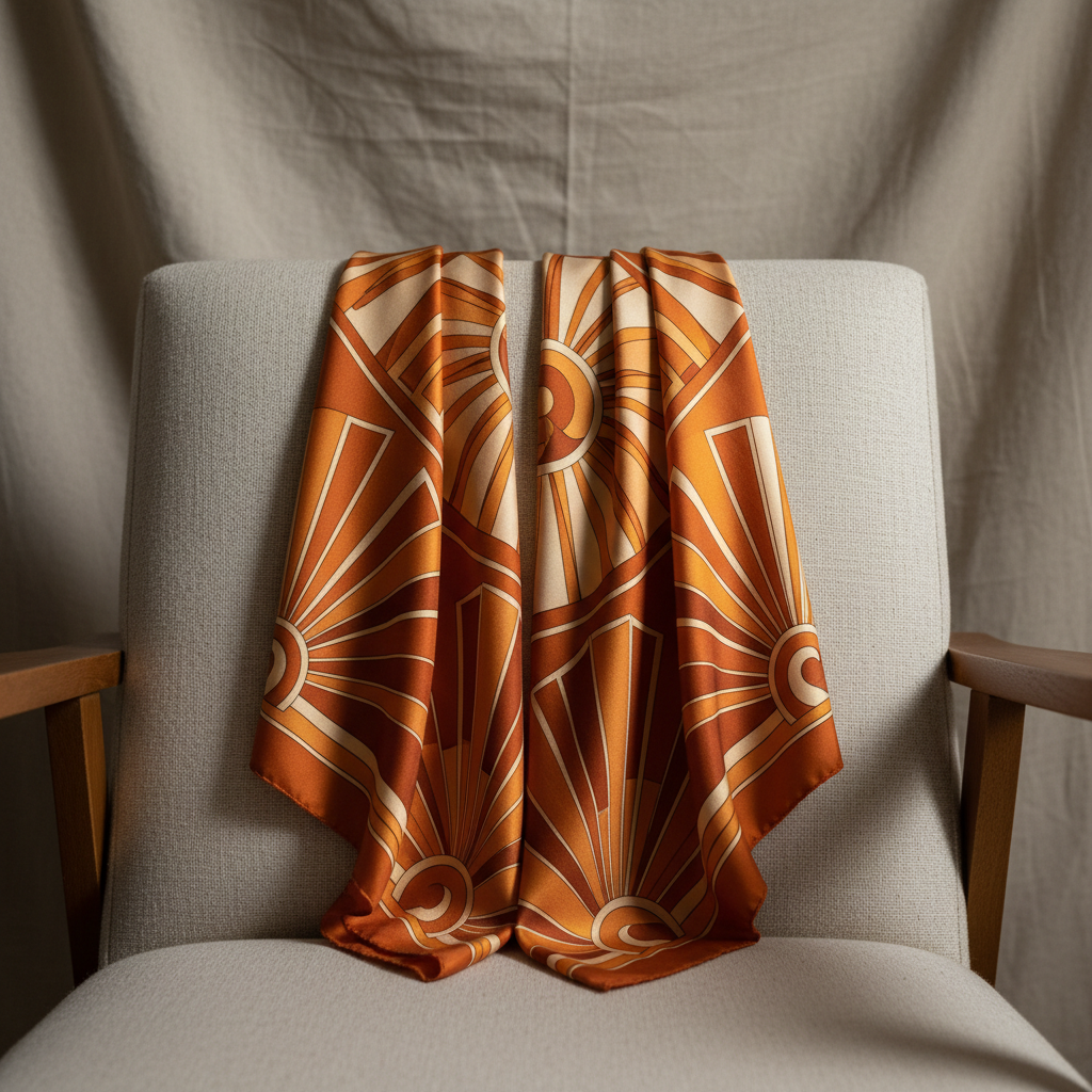 Vintage 1970s silk scarf in sunset orange and amber tones draped over chair