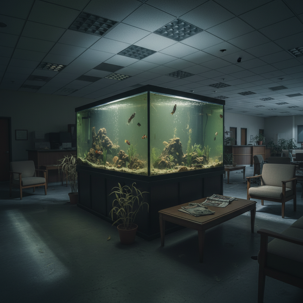 Office lobby with neglected aquarium display showing algae growth and stressed fish