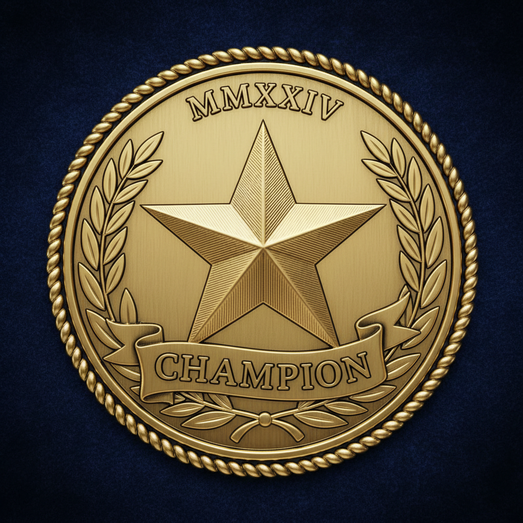 Gold trophy award with star emblem on dark blue background