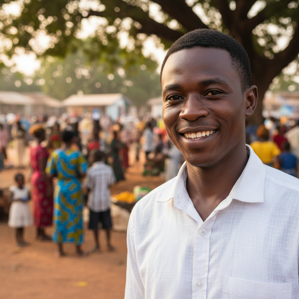 Middle-aged Ghanaian man with friendly expression outdoors in natural setting
