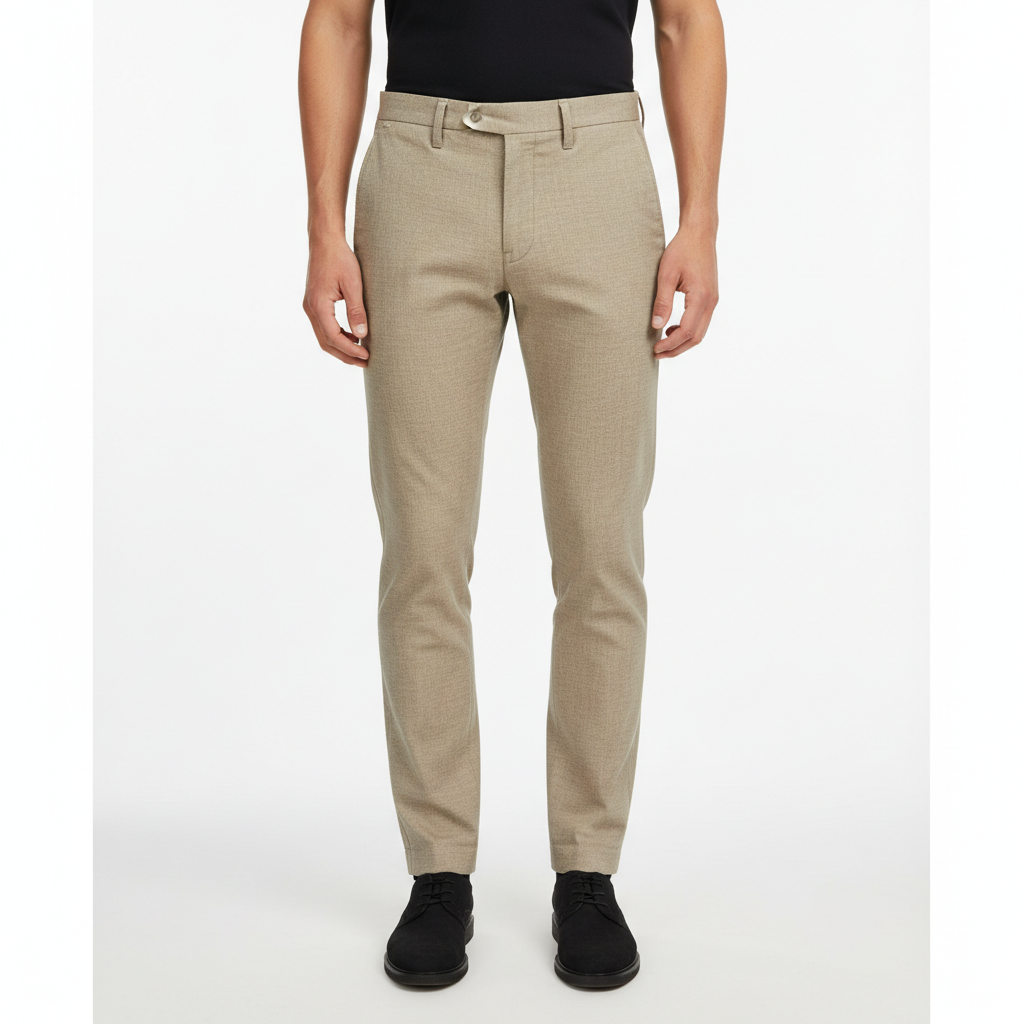 Relaxed fit chino trousers in stone beige, clean minimal styling, natural light