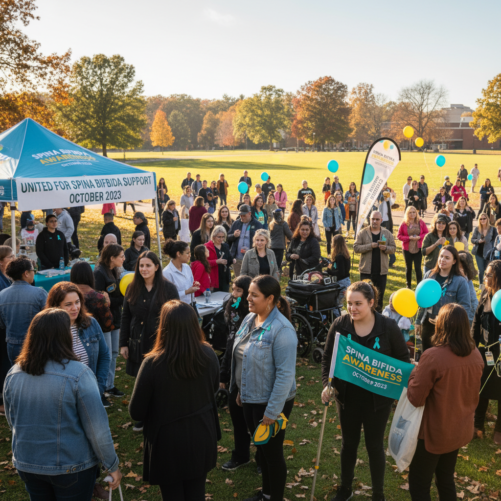 Spina Bifida Awareness Month event in October 2023 — participants wearing awareness ribbons and gathering for community support activities