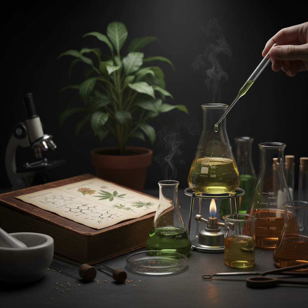 Archival scientific documents under dim amber laboratory light, dark atmospheric setting with aged paper textures