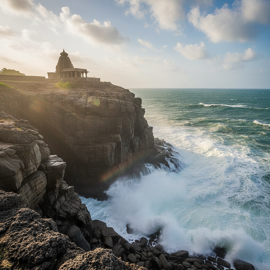 Harihareshwar temple on rocky cliffs with waves crashing at the base