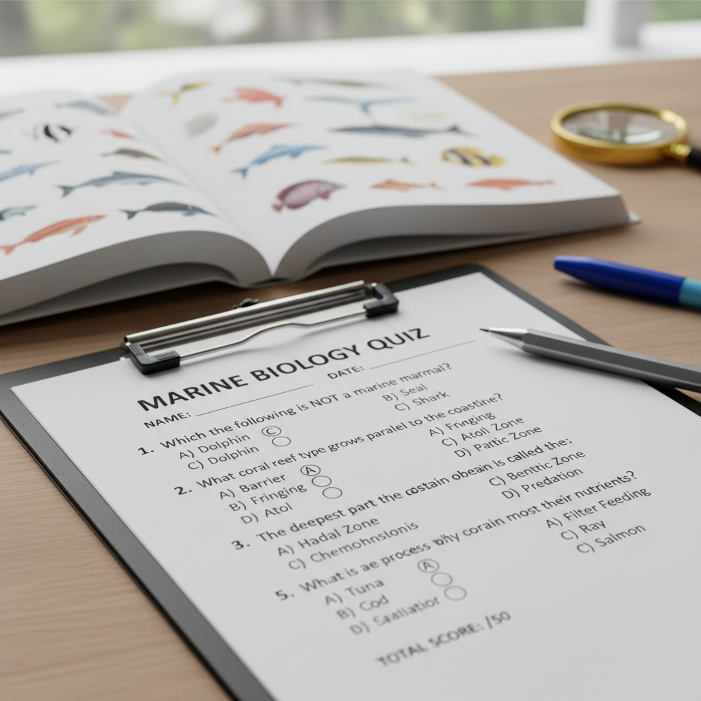 Educational classroom materials spread on wooden desk including illustrated wildlife poster, field notebook and magnifying glass