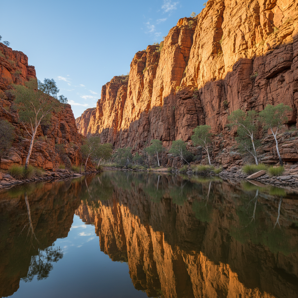 West MacDonnell Ranges gorge with towering red sandstone walls reflected in still water