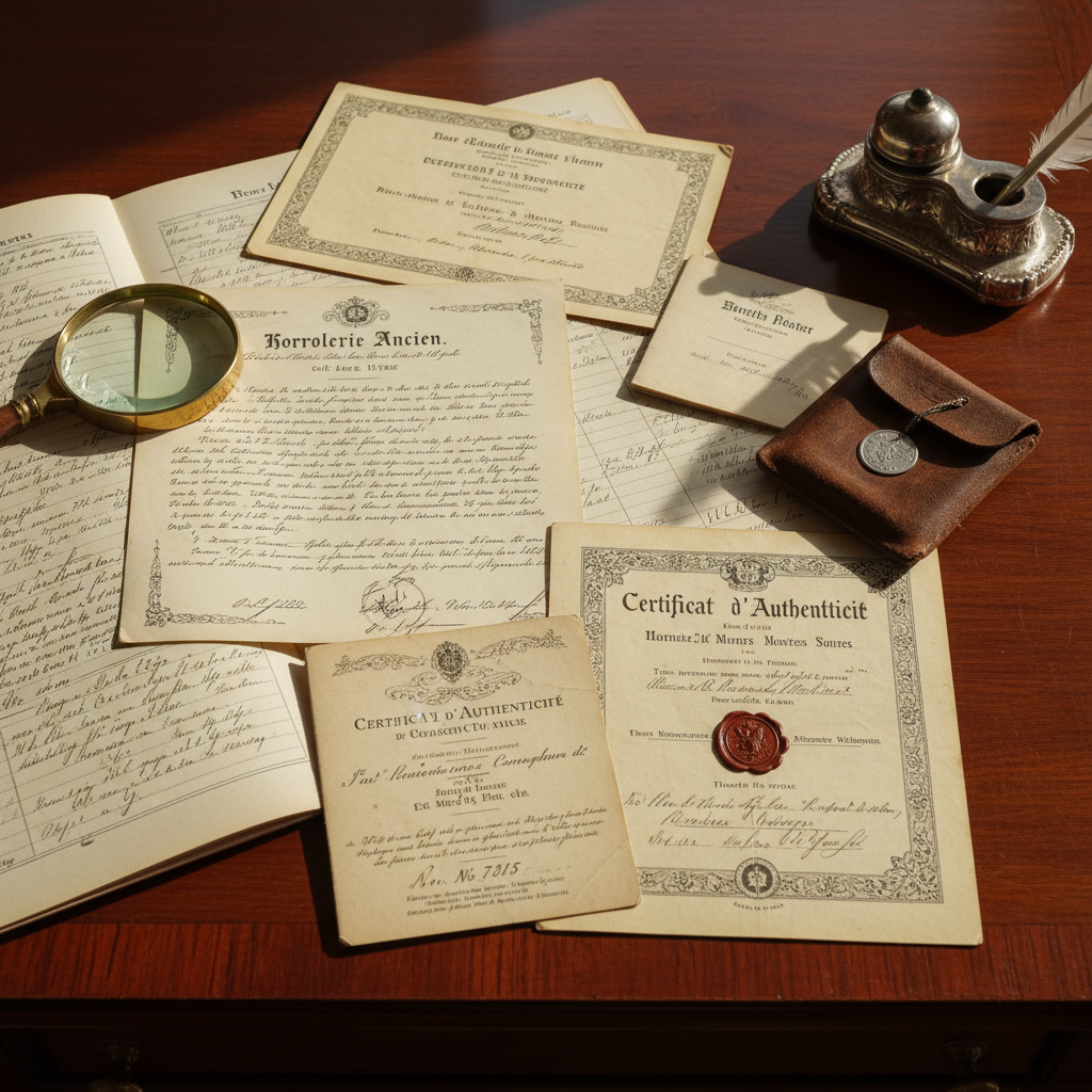 Vintage watch provenance documents and certificates laid on mahogany desk