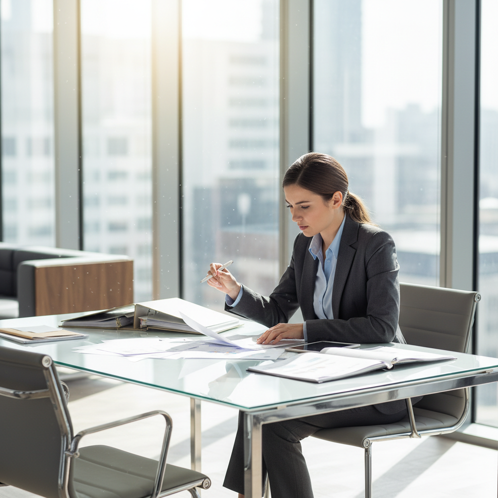 Commercial real estate agent reviewing documents in a modern office space