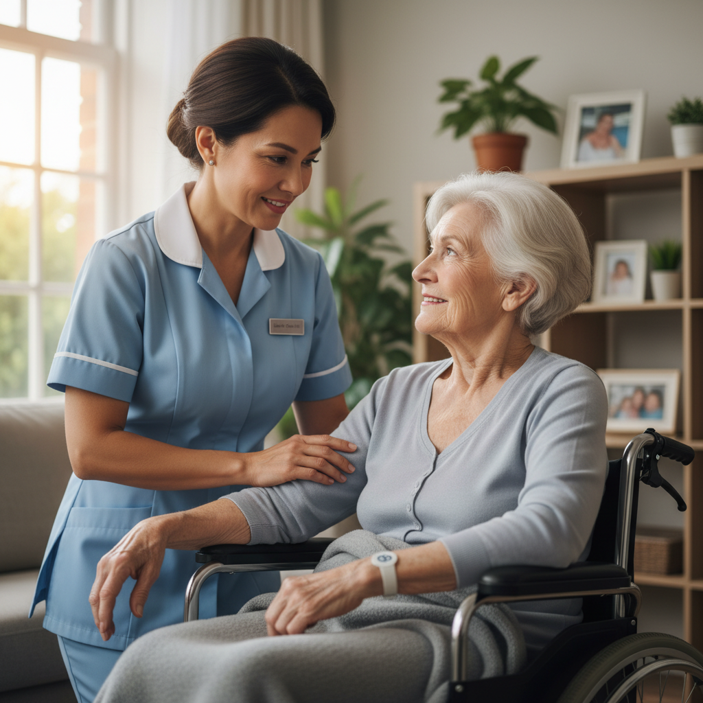 Elderly patient being assisted into a vehicle by a caregiver, warm daylight, residential driveway, gentle and supportive interaction