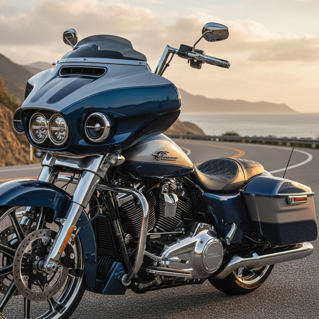 Cruiser motorcycle parked on a coastal road at dusk