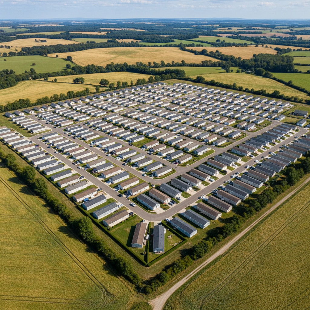Wide aerial shot of a large manufactured housing community on a plateau with rural landscape