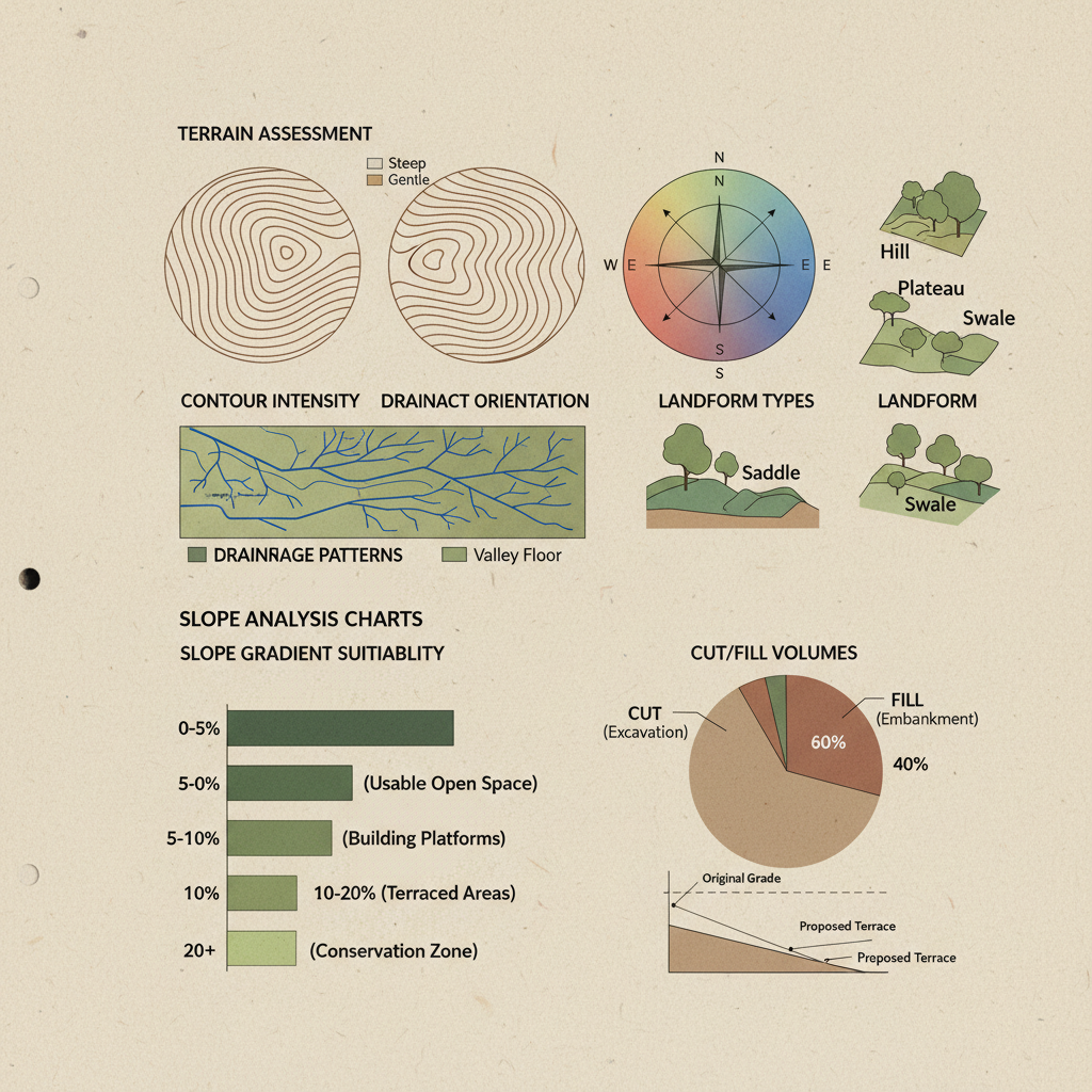 Siting Guide page showing terrain assessment diagrams and slope analysis charts