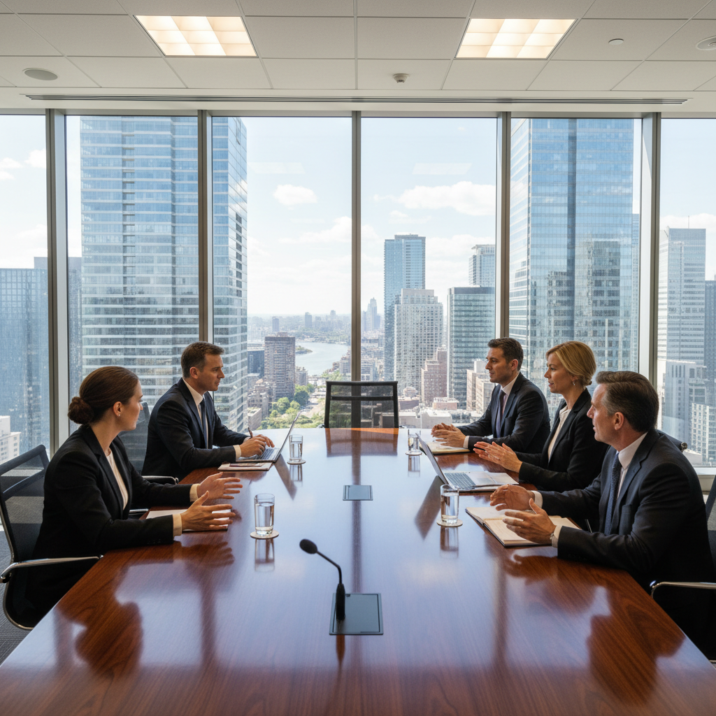 Executive boardroom panel discussion with city skyline visible through floor-to-ceiling windows
