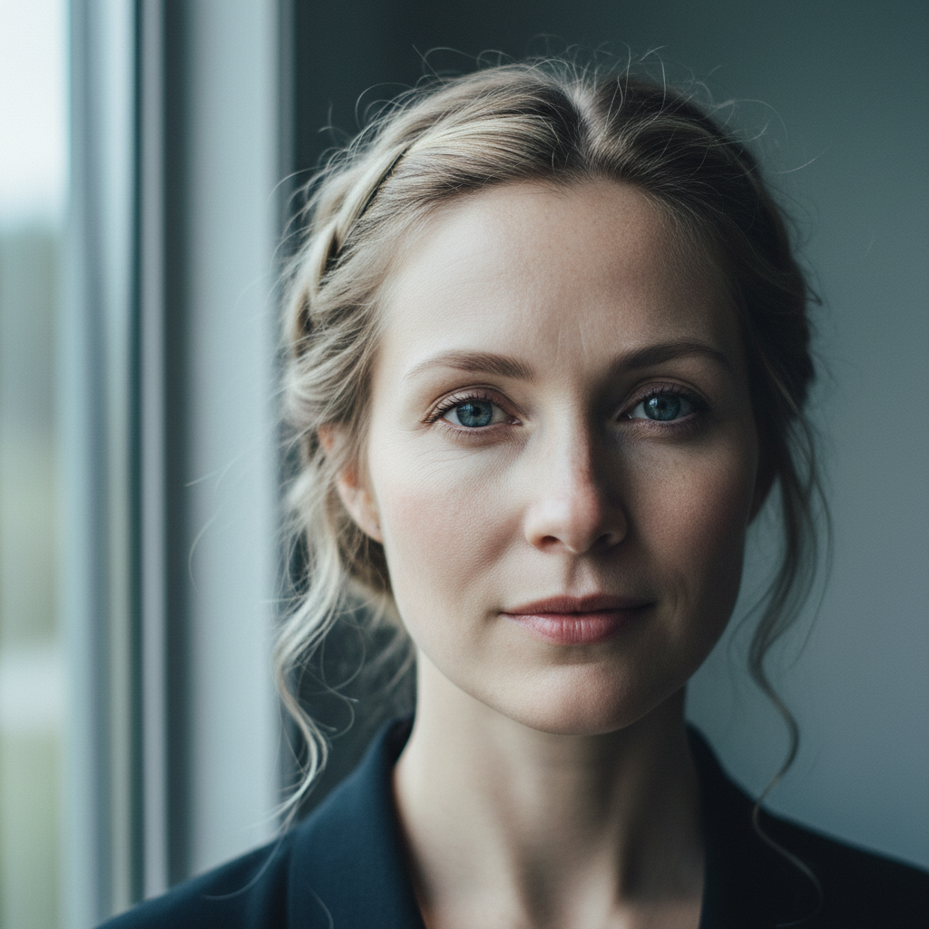Scandinavian woman with calm confident expression, natural daylight portrait