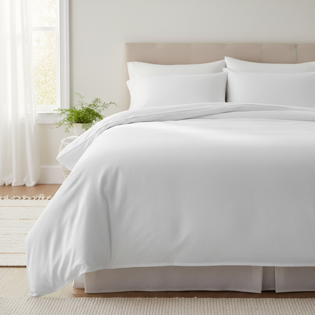 Luxurious hotel-style bed with plush white pillows and warm ambient bedroom lighting