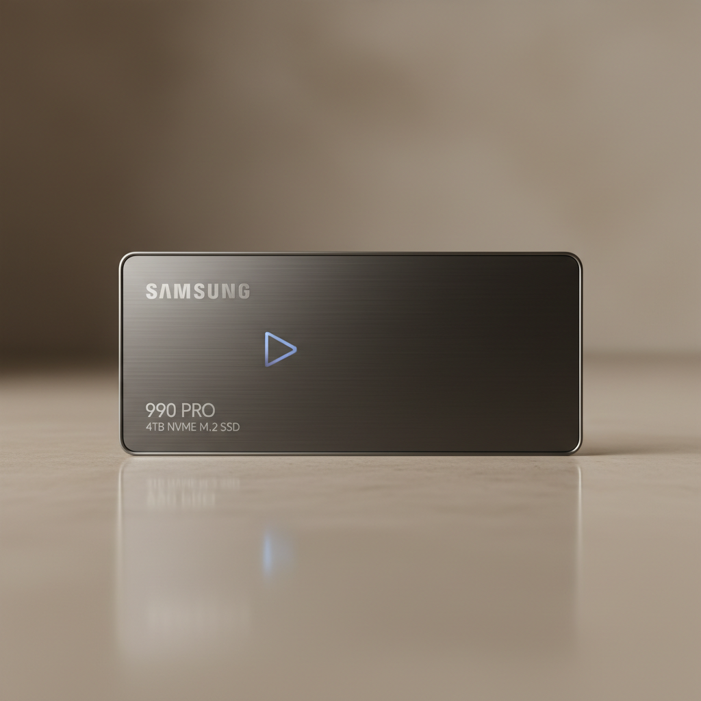 Samsung NVMe SSD on dark surface with metallic finish and minimal lighting