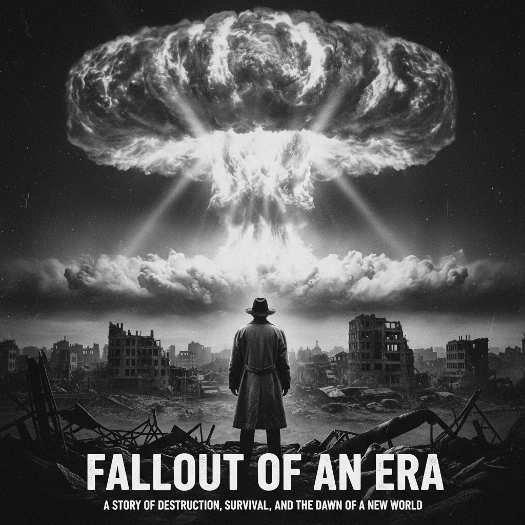 Historical drama film scene with black and white atomic explosion and dramatic tension