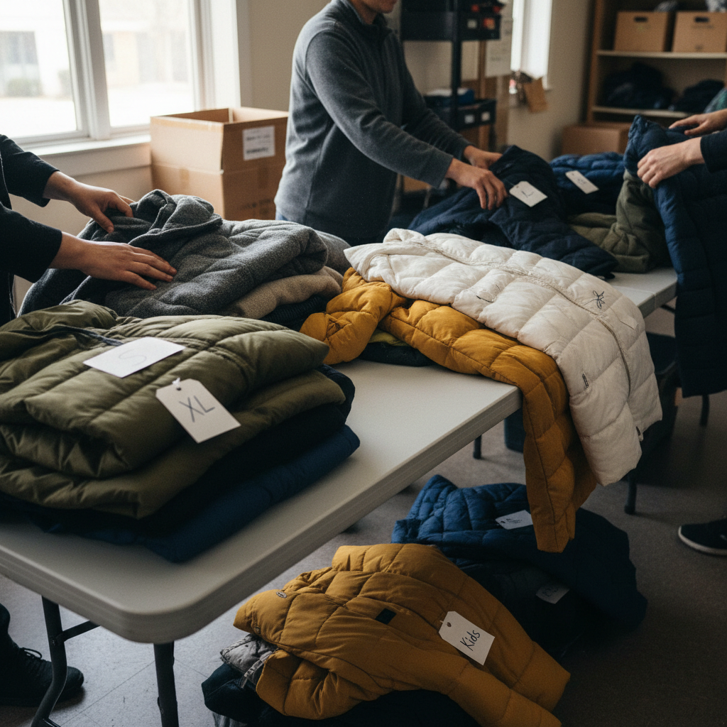Two sets of hands sorting winter coats by size on a folding table in a community center