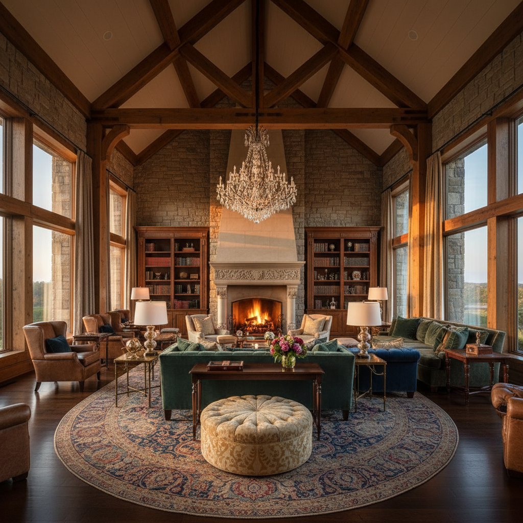 Founder's Suite grand living room, vaulted ceiling, stone and timber, panoramic windows, luxury furniture, evening light