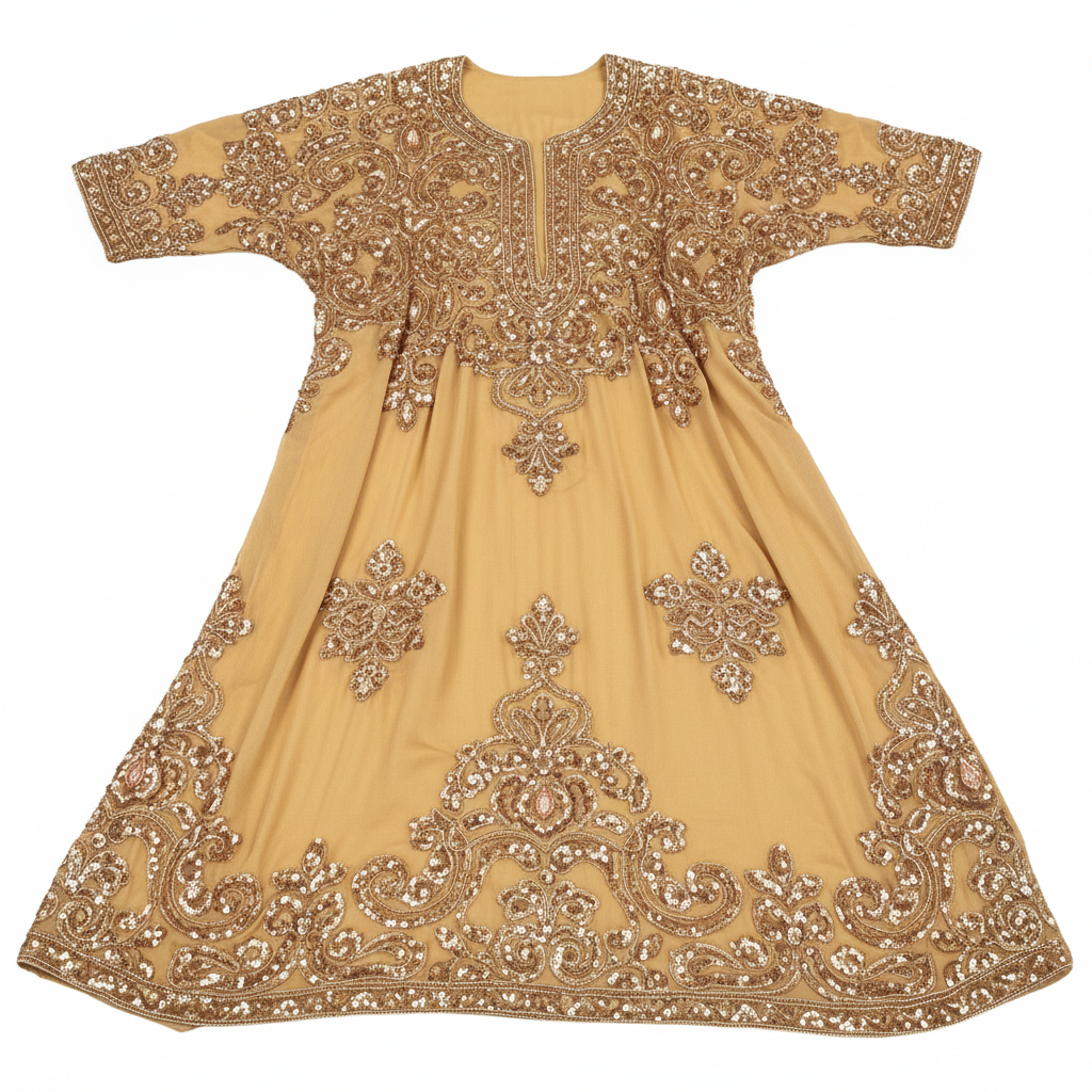 Festive Eid collection showcasing golden yellow kaftan with intricate beadwork and traditional Nigerian patterns
