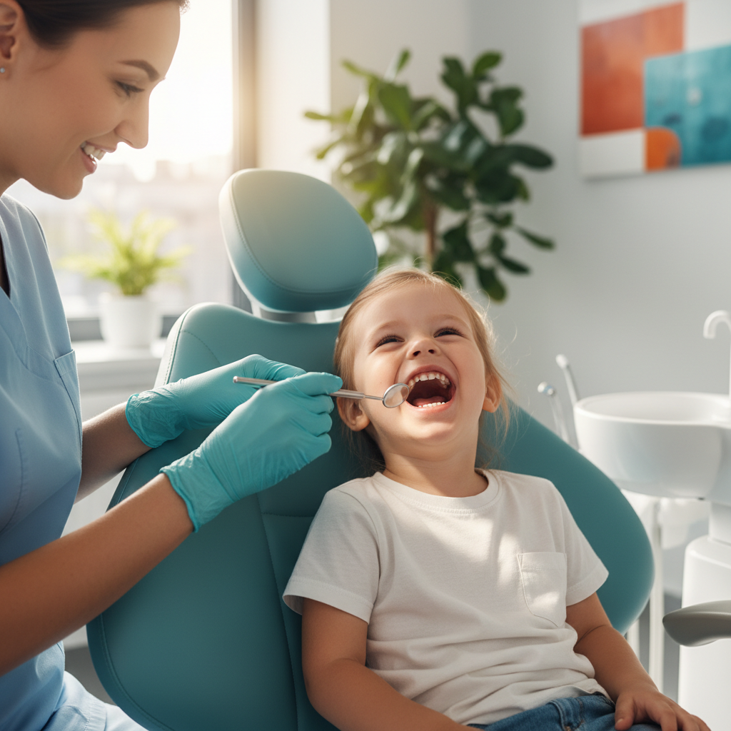 Young child laughing in dental chair with teal-gloved dentist holding a small mirror, sunlight catching the child's eyes