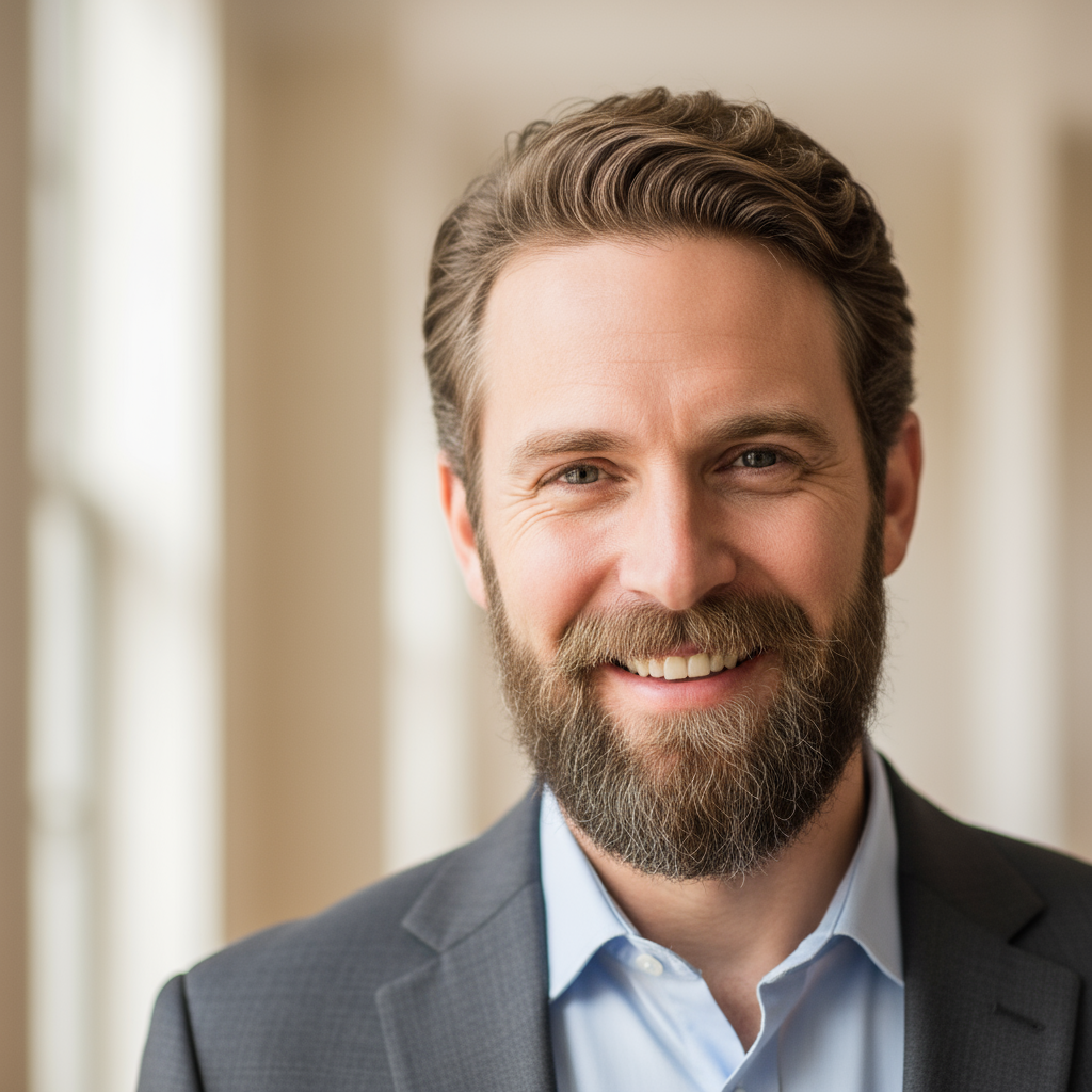 Professional headshot of business founder, dark professional background