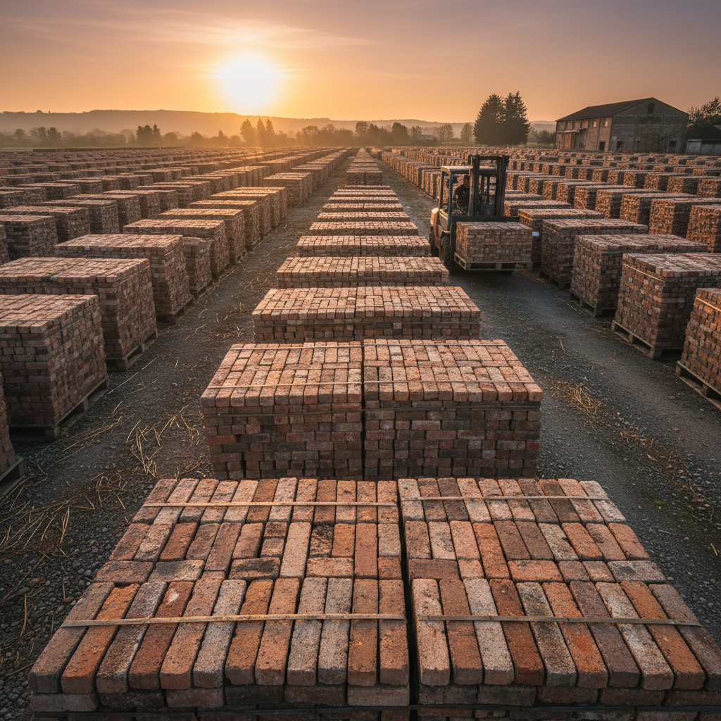 Thousands of reclaimed bricks stacked in herringbone pallets stretching toward the horizon, bathed in late-afternoon amber light with a forklift in the middle distance