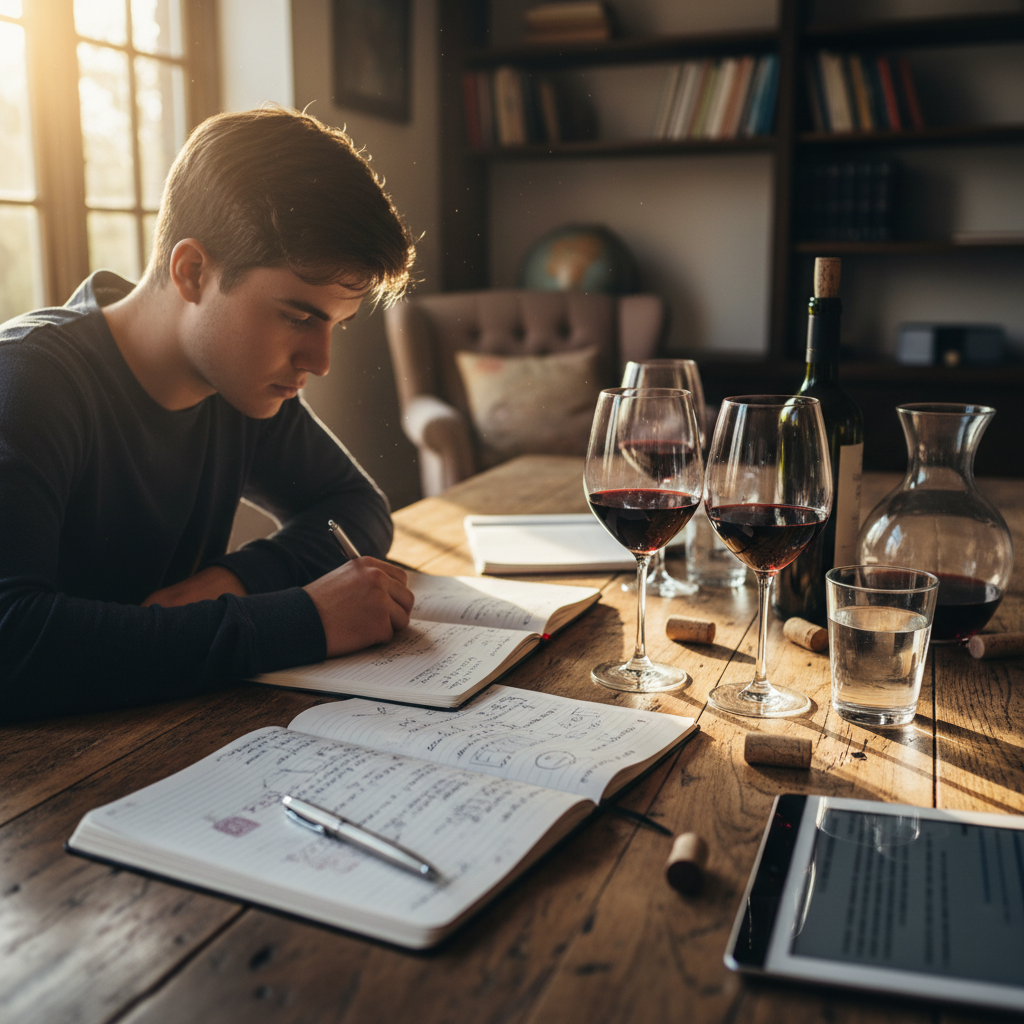 Student studying wine notes at a wooden table covered in books and glasses